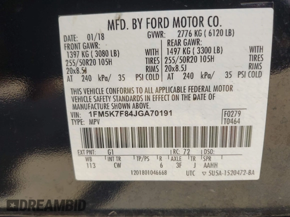 2018 Ford Explorer Limited z VIN 1FM5K7F84JGA70191, wystawiony jako IAAI lot #42665507 z przebiegiem 121 586 mil mil oraz . Historia ofert i sprzedaży dostępna na DreamBid. Obrazek 9.