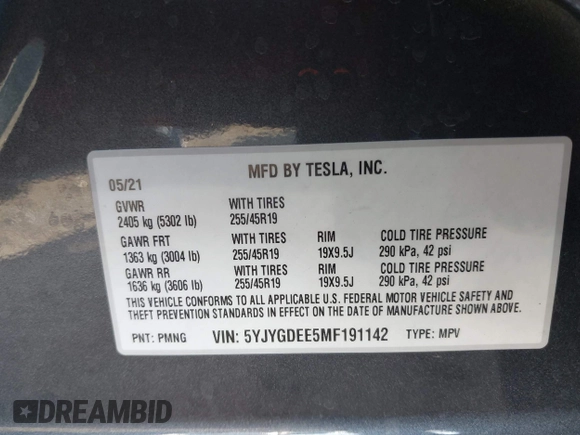 2021 Tesla Model Y Long Range with VIN 5YJYGDEE5MF191142, listed as a IAAI auction lot 41448514 with 71,626 mi miles. Bid and sale history available at carsss.com. Image 9.