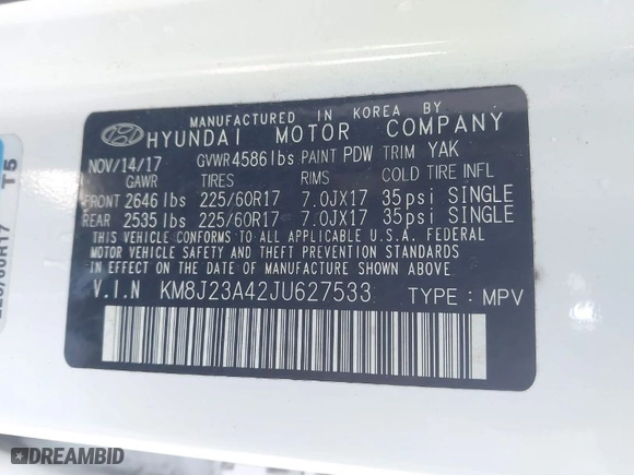 2018 Hyundai Tucson SE with VIN KM8J23A42JU627533, listed as a IAAI auction lot 41880112 with 61,840 mi miles. Bid and sale history available at carsss.com. Image 9.
