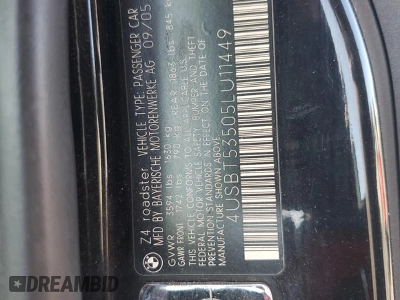2005 BMW Z4 3.0i z VIN 4USBT53505LU11449, wystawiony jako Copart lot #59117535 z przebiegiem 83 103 mil mil oraz Szkoda całkowita • Salvage title. Historia ofert i sprzedaży dostępna na DreamBid. Obrazek 13.