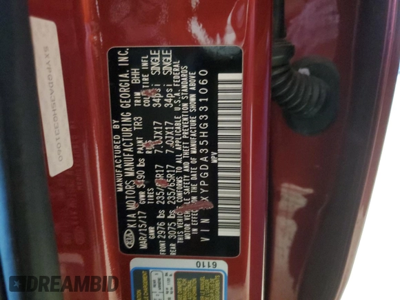 2017 Kia Sorento LX with VIN 5XYPGDA35HG331060, listed as a Copart auction lot 50092745 with 50,833 mi miles and Salvage Title. Bid and sale history available at DreamBid. Image 14.