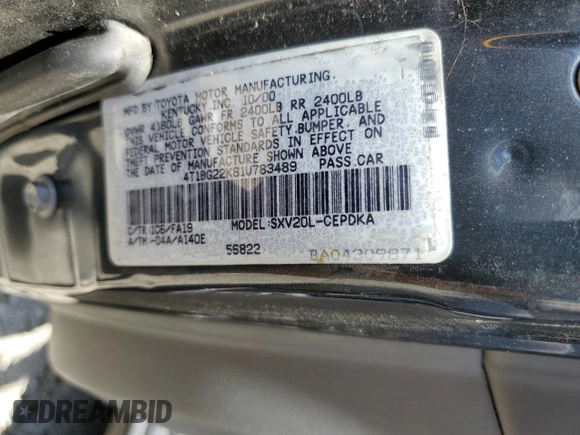 2001 Toyota Camry CE z VIN 4T1BG22K81U783489, wystawiony jako Copart lot #57893115 z przebiegiem 154 352 mil mil oraz Czysty tytuł • Clean title. Historia ofert i sprzedaży dostępna na DreamBid. Obrazek 12.