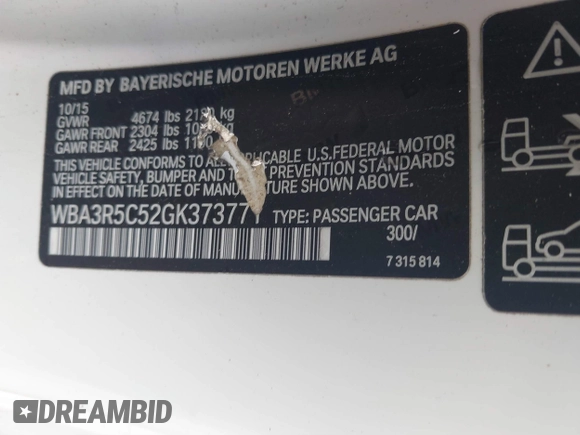 2016 BMW 4 Series 435i xDrive with VIN WBA3R5C52GK373771, listed as a IAAI auction lot 41462286 with 123,713 mi miles and . Bid and sale history available at DreamBid. Image 9.