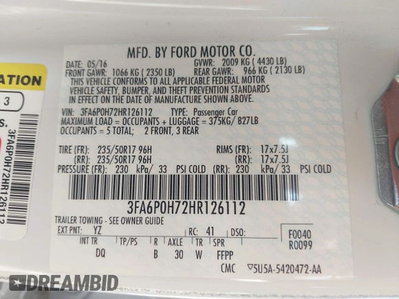 2017 Ford Fusion SE with VIN 3FA6P0H72HR126112, listed as a IAAI auction lot 39463852 with 63,527 mi miles and . Bid and sale history available at DreamBid. Image 9.