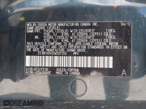 2012 Toyota RAV4 с VIN 2T3BF4DV2CW207350, выставлен на аукционе IAAI как лот 41902371 с пробегом 180 464 миль миль и . История ставок и продаж доступна на DreamBid. Изображение 9.