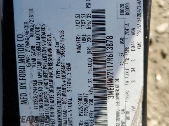 2007 Mercury Milan Premier z VIN 3MEHM02117R613878, wystawiony jako Copart lot #59711985 z przebiegiem 149 265 mil mil oraz Szkoda całkowita • Salvage title. Historia ofert i sprzedaży dostępna na DreamBid. Obrazek 12.