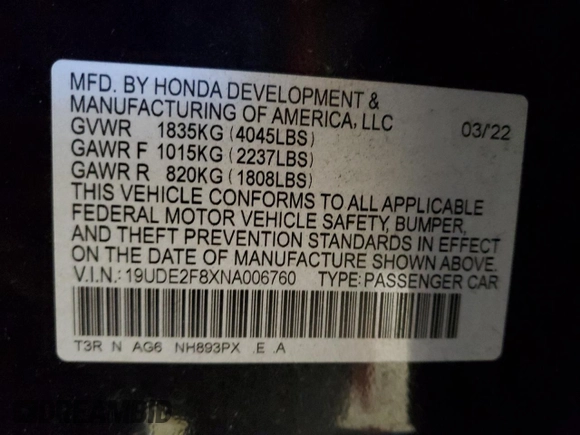 2022 Acura ILX w/Premium/A-Spec Package with VIN 19UDE2F8XNA006760, listed as a Copart auction lot 88901075 with 35,625 mi miles and Salvage Title. Bid and sale history available at carsss.com. Image 12.