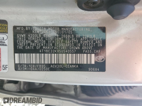 2005 Toyota Camry STD z VIN 4T1BE32KX5U540557, wystawiony jako Copart lot #50408435 z przebiegiem 268 848 mil mil oraz Szkoda całkowita • Salvage title. Historia ofert i sprzedaży dostępna na DreamBid. Obrazek 12.