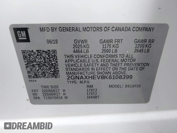 2019 Chevrolet Equinox LS with VIN 2GNAXHEV8K6108399, listed as a IAAI auction lot 42084167 with 72,385 mi miles and . Bid and sale history available at carsss.com. Image 9.