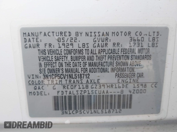 2022 Nissan Kicks SV with VIN 3N1CP5CV1NL518712, listed as a IAAI auction lot 41895567 with 79,683 mi miles. Bid and sale history available at carsss.com. Image 9.