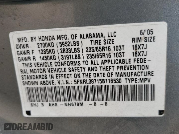 2005 Honda Odyssey EX-L with VIN 5FNRL38715B116530, listed as a Copart auction lot 50807575 with 216,434 mi miles and Salvage Title. Bid and sale history available at DreamBid. Image 15.
