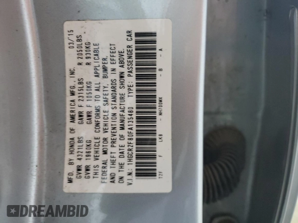 2015 Honda Accord EX-L with VIN 1HGCR2F80FA135480, listed as a Copart auction lot 57364185 with 183,265 mi miles and Salvage title. Bid and sale history available at DreamBid. Image 12.