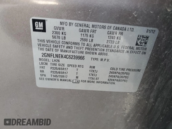 2012 Chevrolet Equinox 2LT with VIN 2GNFLNEK4C6239966, listed as a Copart auction lot 51315095 with 165,287 mi miles and Salvage Title. Bid and sale history available at DreamBid. Image 12.
