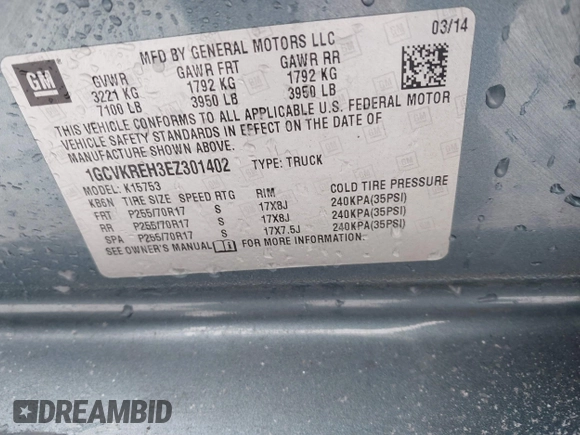2014 Chevrolet Silverado 1500 LT with VIN 1GCVKREH3EZ301402, listed as a IAAI auction lot 41545630 with 177,904 mi miles and . Bid and sale history available at DreamBid. Image 9.