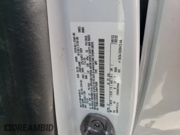 2020 Ford Escape SE z VIN 1FMCU0G63LUB47028, wystawiony jako Copart lot #64065905 z przebiegiem 53 109 mil mil oraz Szkoda całkowita • Salvage title. Historia ofert i sprzedaży dostępna na DreamBid. Obrazek 12.
