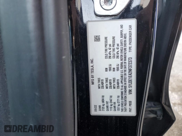 2022 Tesla Model 3 z VIN 5YJ3E1EA2NF372373, wystawiony jako Copart lot #59139335 z przebiegiem 79 106 mil mil oraz Czysty tytuł • Clean title. Historia ofert i sprzedaży dostępna na DreamBid. Obrazek 12.