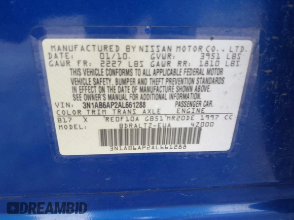 2010 Nissan Sentra S with VIN 3N1AB6AP2AL661288, listed as a IAAI auction lot 42382370 with 172,488 mi miles and . Bid and sale history available at DreamBid. Image 9.
