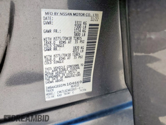 2023 Nissan Titan SV with VIN 1N6AA1ED1PN104669, listed as a Copart auction lot 57954215 with 40,955 mi miles and Salvage title. Bid and sale history available at DreamBid. Image 12.