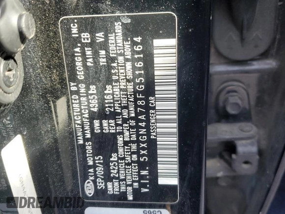 2015 Kia Optima EX with VIN 5XXGN4A78FG516164, listed as a Copart auction lot 57143165 with 130,945 mi miles and Salvage title. Bid and sale history available at DreamBid. Image 12.