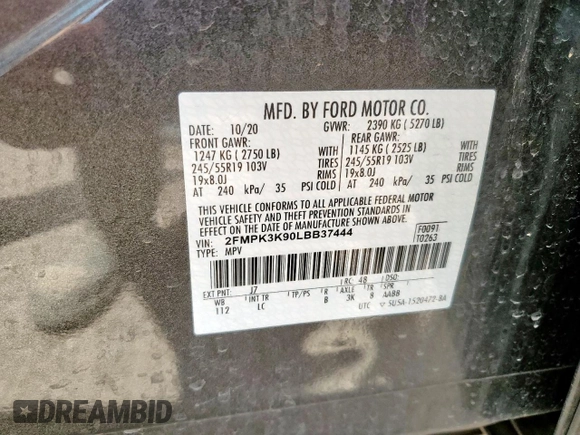 2020 Ford Edge Titanium with VIN 2FMPK3K90LBB37444, listed as a Copart auction lot 60570005 with 118,668 mi miles and Clean title. Bid and sale history available at DreamBid. Image 13.