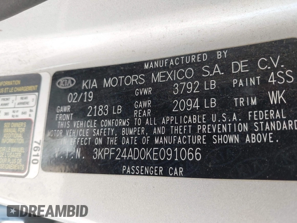2019 Kia Forte LXS with VIN 3KPF24AD0KE091066, listed as a IAAI auction lot 42256206 with 82,716 mi miles and . Bid and sale history available at DreamBid. Image 9.