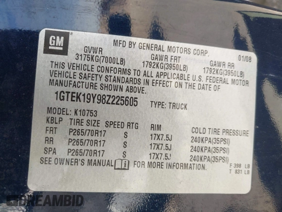 2008 GMC Sierra 1500 with VIN 1GTEK19Y98Z225605, listed as a IAAI auction lot 42216751 with 275,642 mi miles and . Bid and sale history available at DreamBid. Image 9.