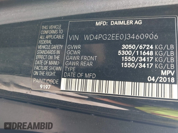2018 Mercedes-Benz Metris Passenger with VIN WD4PG2EE0J3460906, listed as a IAAI auction lot 42486423 with 92,893 mi miles and . Bid and sale history available at DreamBid. Image 9.