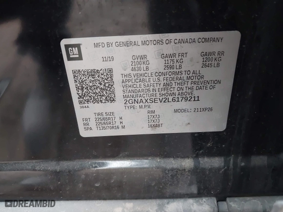 2020 Chevrolet Equinox LS with VIN 2GNAXSEV2L6179211, listed as a IAAI auction lot 41061859 with 127,928 mi miles. Bid and sale history available at carsss.com. Image 9.