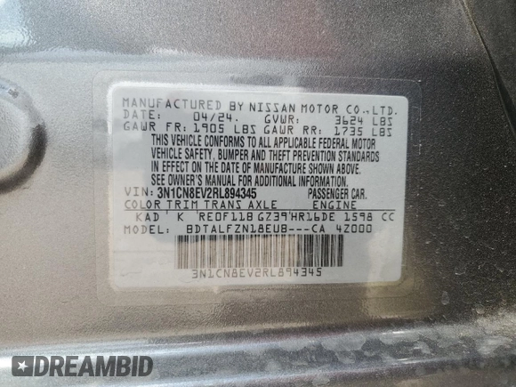 2024 Nissan Versa SV z VIN 3N1CN8EV2RL894345, wystawiony jako Copart lot #54180885 z przebiegiem 27 692 mil mil oraz Szkoda całkowita • Salvage title. Historia ofert i sprzedaży dostępna na DreamBid. Obrazek 12.