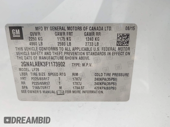 2015 Chevrolet Equinox LS with VIN 2GNALAEK3F1173902, listed as a IAAI auction lot 42164751 with 165,575 mi miles and . Bid and sale history available at DreamBid. Image 9.