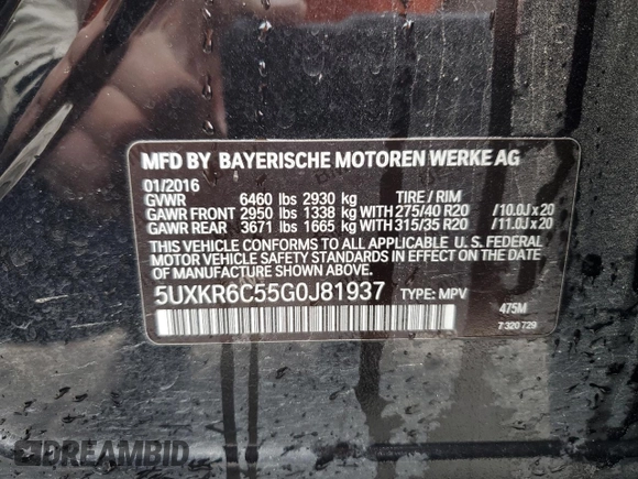 2016 BMW X5 xDrive50i with VIN 5UXKR6C55G0J81937, listed as a Copart auction lot 46347855 with 125,551 mi miles and Clean Title. Bid and sale history available at carsss.com. Image 13.