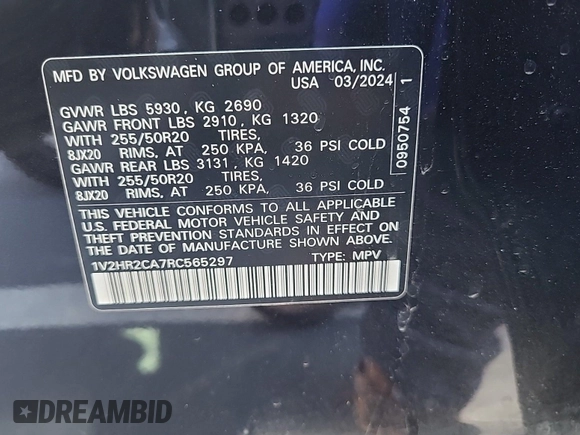2024 Volkswagen Atlas SE with VIN 1V2HR2CA7RC565297, listed as a IAAI auction lot 42844488 with 24,398 mi miles and . Bid and sale history available at DreamBid. Image 9.