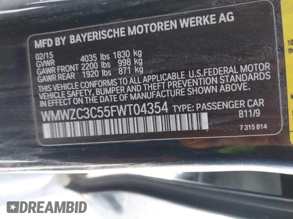 2015 MINI Countryman S with VIN WMWZC3C55FWT04354, listed as a IAAI auction lot 41346143 with Not provided miles and . Bid and sale history available at DreamBid. Image 9.