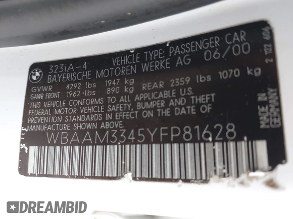2000 BMW 3 Series 323i z VIN WBAAM3345YFP81628, wystawiony jako IAAI lot #42190751 z przebiegiem 135 970 mil mil oraz . Historia ofert i sprzedaży dostępna na DreamBid. Obrazek 9.