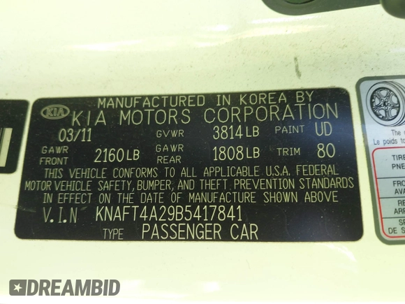 2011 Kia Forte LX with VIN KNAFT4A29B5417841, listed as a IAAI auction lot 41953201 with 149,768 mi miles. Bid and sale history available at carsss.com. Image 9.