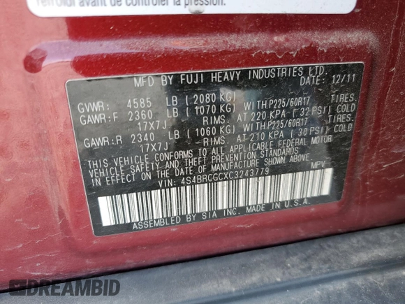 2012 Subaru Outback Prem with VIN 4S4BRCGCXC3243779, listed as a Copart auction lot 59160205 with 144,836 mi miles and Salvage title. Bid and sale history available at DreamBid. Image 12.
