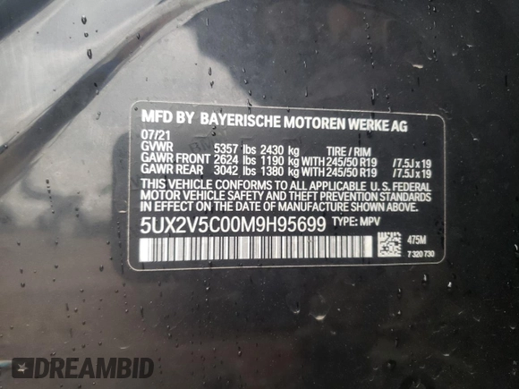 2021 BMW X4 M40i with VIN 5UX2V5C00M9H95699, listed as a Copart auction lot 63564433 with 33,500 mi miles and Salvage title. Bid and sale history available at DreamBid. Image 12.