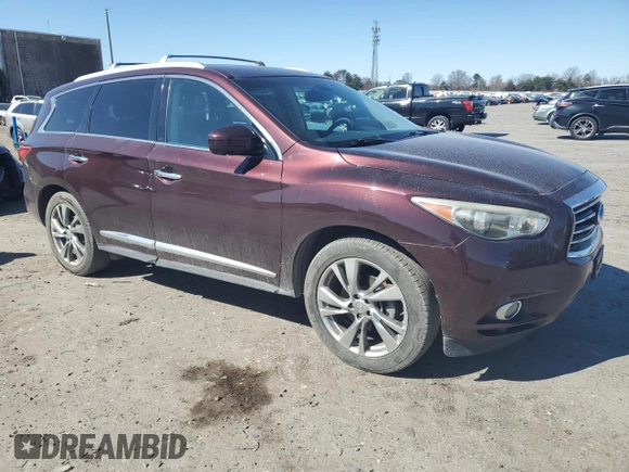 2013 Infiniti JX35 with VIN 5N1AL0MM7DC307383, listed as a Copart auction lot 48885285 with 159,328 mi miles and Salvage Title. Bid and sale history available at DreamBid. Image 4.