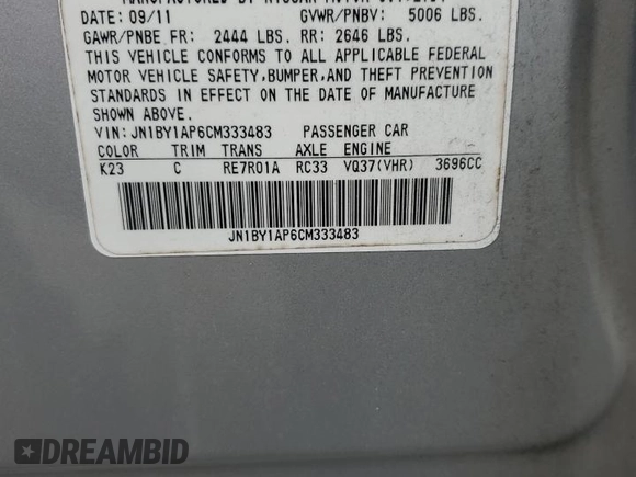 2012 Infiniti M37 with VIN JN1BY1AP6CM333483, listed as a Copart auction lot 85979394 with 199,770 mi miles and Salvage Title. Bid and sale history available at carsss.com. Image 13.