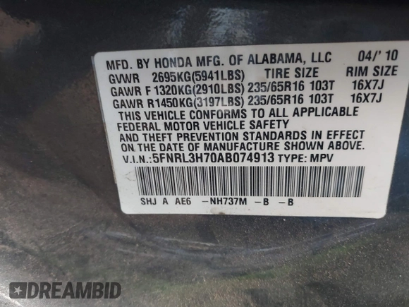 2010 Honda Odyssey EX-L with VIN 5FNRL3H70AB074913, listed as a IAAI auction lot 40142162 with 210,771 mi miles and . Bid and sale history available at DreamBid. Image 9.