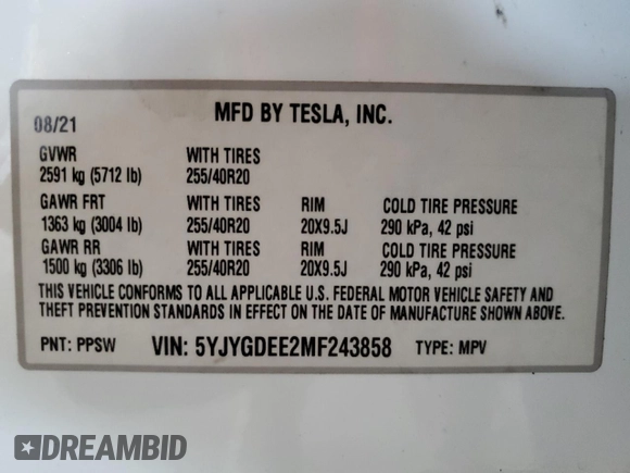 2021 Tesla Model Y Long Range z VIN 5YJYGDEE2MF243858, wystawiony jako Copart lot #58043055 z przebiegiem 24 128 mil mil oraz Szkoda całkowita • Salvage title. Historia ofert i sprzedaży dostępna na DreamBid. Obrazek 13.