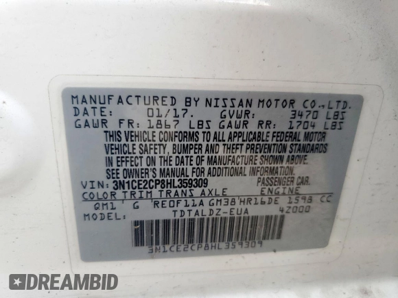 2017 Nissan Note S Plus z VIN 3N1CE2CP8HL359309, wystawiony jako Copart lot #57729915 z przebiegiem 73 534 mil mil oraz Szkoda całkowita • Salvage title. Historia ofert i sprzedaży dostępna na DreamBid. Obrazek 13.