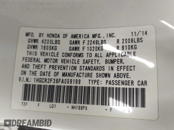 2015 Honda Accord Sedan LX with VIN 1HGCR2F36FA059199, listed as a IAAI auction lot 42097205 with 100,505 mi miles. Bid and sale history available at carsss.com. Image 9.