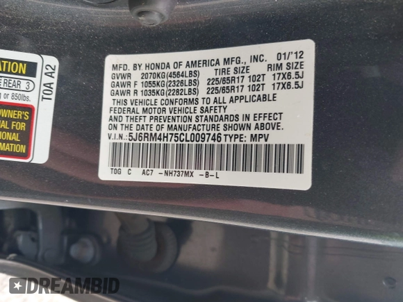 2012 Honda CR-V EX-L with VIN 5J6RM4H75CL009746, listed as a IAAI auction lot 42646060 with 219,059 mi miles and . Bid and sale history available at DreamBid. Image 9.