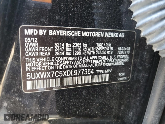 2013 BMW X3 xDrive35i with VIN 5UXWX7C5XDL977364, listed as a Copart auction lot 56549395 with 147,977 mi miles and Salvage Title. Bid and sale history available at DreamBid. Image 12.