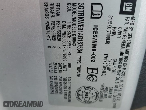 2010 GMC Sierra 1500 SLT z VIN 3GTRKWE31AG137534, wystawiony jako Copart lot #49826025 z przebiegiem 161 308 mil mil oraz Szkoda całkowita • Salvage title. Historia ofert i sprzedaży dostępna na DreamBid. Obrazek 12.