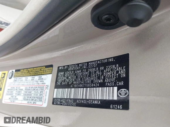 2007 Toyota Camry CE with VIN 4T1BE46K77U658424, listed as a IAAI auction lot 42058479 with Not Provided miles and . Bid and sale history available at DreamBid. Image 9.