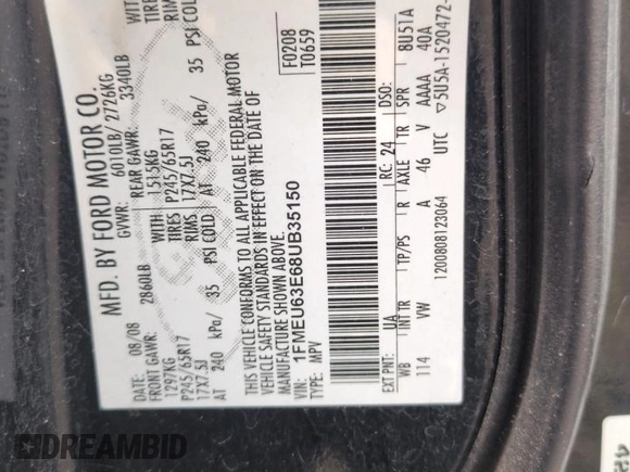 2008 Ford Explorer XLT with VIN 1FMEU63E68UB35150, listed as a Copart auction lot 43367725 with 190,404 mi miles and Salvage Title. Bid and sale history available at carsss.com. Image 13.