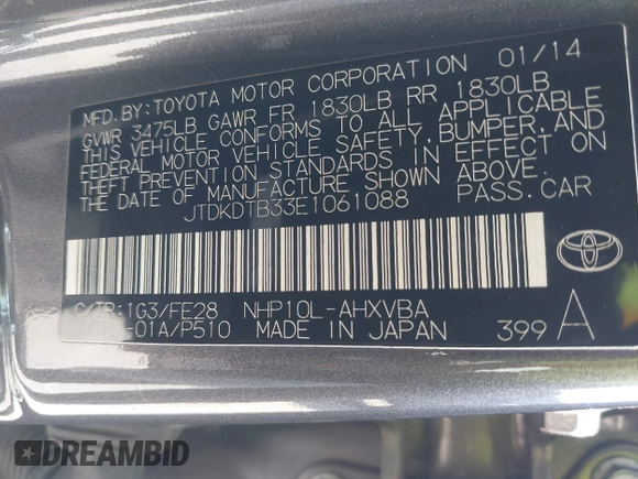 2014 Toyota Prius One with VIN JTDKDTB33E1061088, listed as a IAAI auction lot 42040762 with 206,735 mi miles and . Bid and sale history available at DreamBid. Image 9.