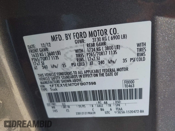 2013 Ford F-150 XL с VIN 1FTEX1EM7DFB07598, выставлен на аукционе IAAI как лот 41914976 с пробегом 112 044 миль миль и . История ставок и продаж доступна на DreamBid. Изображение 9.